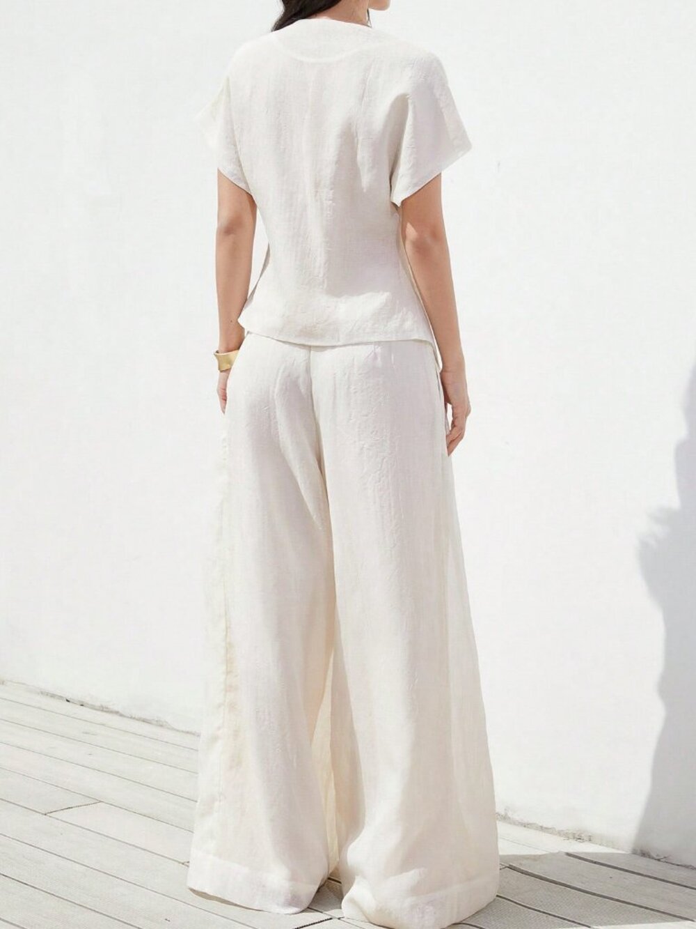 White Casual Women's Wide Leg Pants And Top Two Pieces - Picture 2 of 3